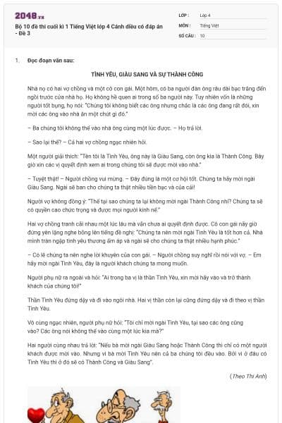 Bộ 10 đề thi cuối kì 1 Tiếng Việt lớp 4 Cánh diều có đáp án - Đề 3