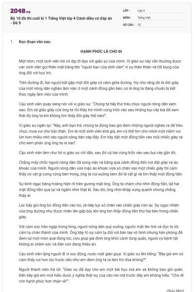 Bộ 10 đề thi cuối kì 1 Tiếng Việt lớp 4 Cánh diều có đáp án - Đề 9