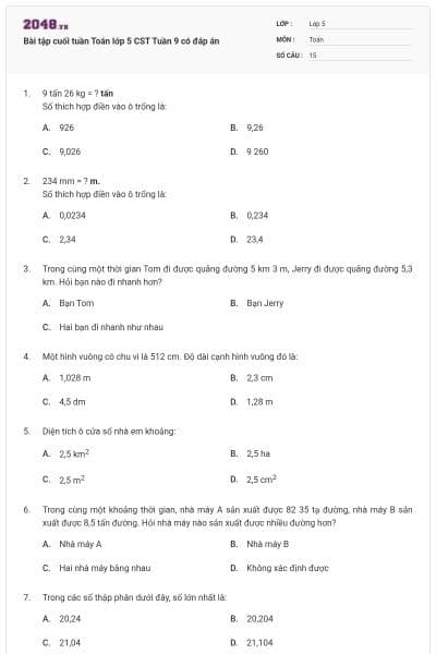 Bài tập cuối tuần Toán lớp 5 CST Tuần 9 có đáp án