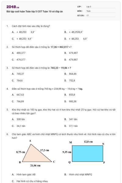 Bài tập cuối tuần Toán lớp 5 CST Tuần 10 có đáp án