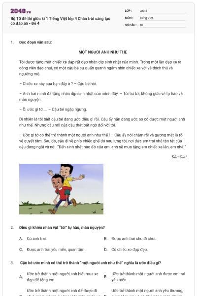 Bộ 10 đề thi giữa kì 1 Tiếng Việt lớp 4 Chân trời sáng tạo có đáp án - Đề 4