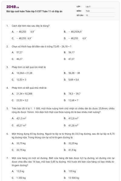 Bài tập cuối tuần Toán lớp 5 CST Tuần 11 có đáp án