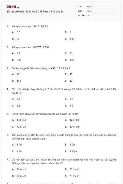 Bài tập cuối tuần Toán lớp 5 CST Tuần 13 có đáp án