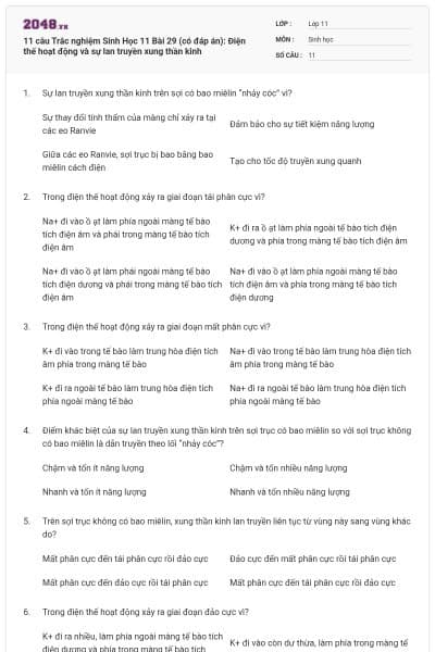 11 câu Trắc nghiệm Sinh Học 11 Bài 29 (có đáp án): Điện thế hoạt động và sự lan truyền xung thần kinh