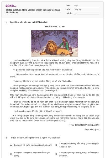 Bài tập cuối tuần Tiếng Việt lớp 5 Chân trời sáng tạo Tuần 29 có đáp án