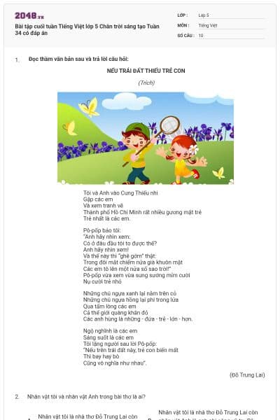 Bài tập cuối tuần Tiếng Việt lớp 5 Chân trời sáng tạo Tuần 34 có đáp án