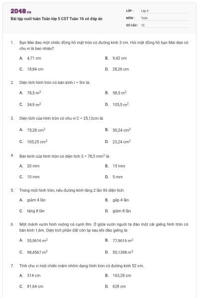 Bài tập cuối tuần Toán lớp 5 CST Tuần 16 có đáp án