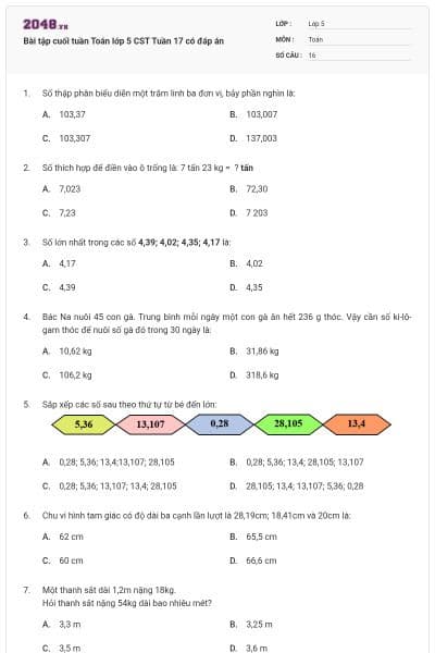 Bài tập cuối tuần Toán lớp 5 CST Tuần 17 có đáp án