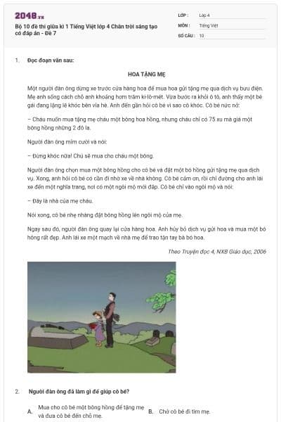 Bộ 10 đề thi giữa kì 1 Tiếng Việt lớp 4 Chân trời sáng tạo có đáp án - Đề 7