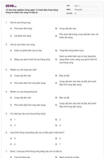 10 Câu trắc nghiệm Công nghệ 12 Cánh diều Hoạt động trồng và chăm sóc rừng có đáp án