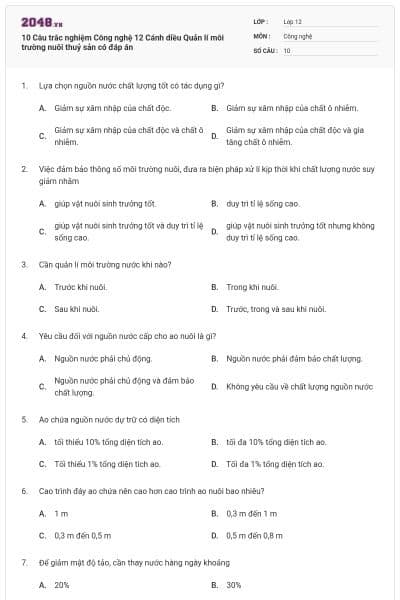 10 Câu trắc nghiệm Công nghệ 12 Cánh diều Quản lí môi trường nuôi thuỷ sản có đáp án