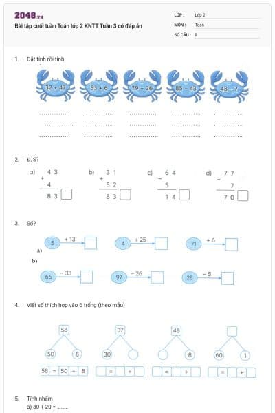 Bài tập cuối tuần Toán lớp 2 KNTT Tuần 3 có đáp án