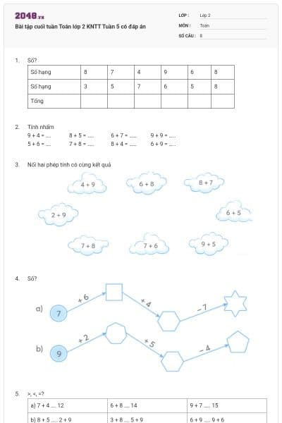 Bài tập cuối tuần Toán lớp 2 KNTT Tuần 5 có đáp án