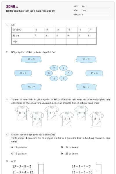 Bài tập cuối tuần Toán lớp 2 Tuần 7 (có đáp án)