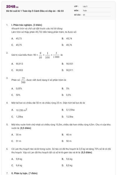 Đề thi cuối kì 1 Toán lớp 5 Cánh Diều có đáp án - Đề 03