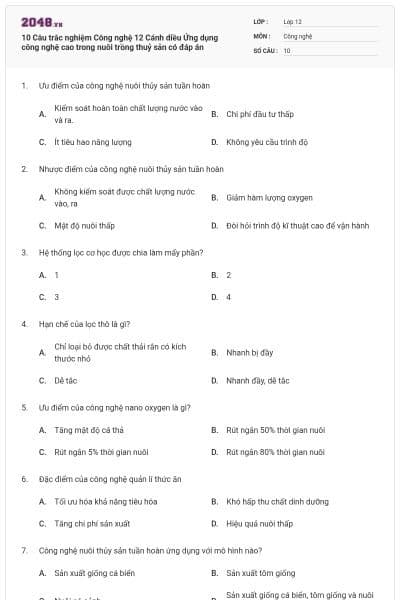 10 Câu trắc nghiệm Công nghệ 12 Cánh diều Ứng dụng công nghệ cao trong nuôi trồng thuỷ sản có đáp án