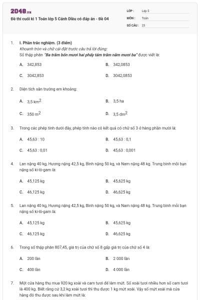 Đề thi cuối kì 1 Toán lớp 5 Cánh Diều có đáp án - Đề 04