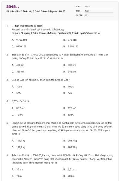 Đề thi cuối kì 1 Toán lớp 5 Cánh Diều có đáp án - Đề 05