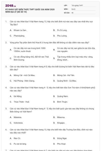 KỲ KHẢO SÁT KIẾN THỨC THPT QUỐC GIA NĂM 2020 MÔN ĐỊA LÝ (ĐỀ SỐ 10)