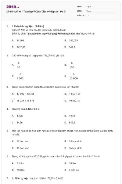 Đề thi cuối kì 1 Toán lớp 5 Cánh Diều có đáp án - Đề 01