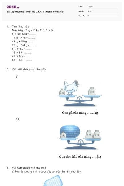 Bài tập cuối tuần Toán lớp 2 KNTT Tuần 9 có đáp án