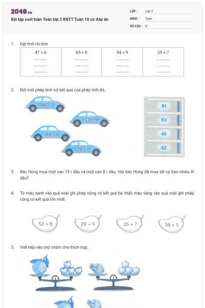 Bài tập cuối tuần Toán lớp 2 KNTT Tuần 10 có đáp án