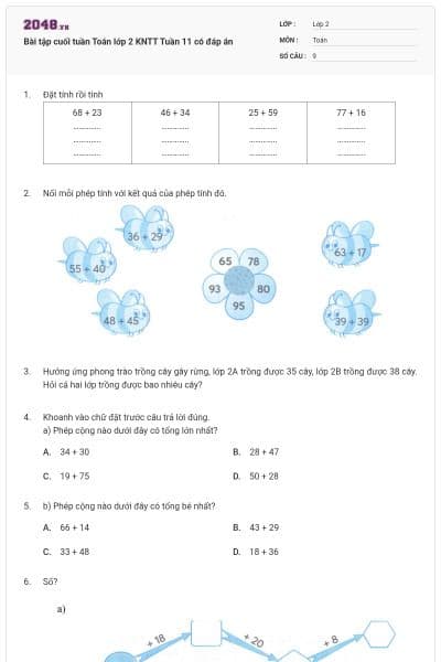 Bài tập cuối tuần Toán lớp 2 KNTT Tuần 11 có đáp án