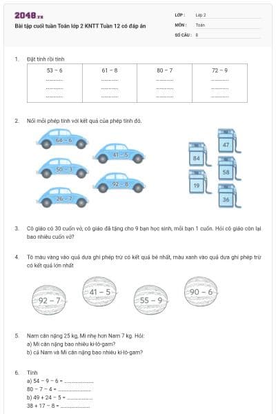 Bài tập cuối tuần Toán lớp 2 KNTT Tuần 12 có đáp án