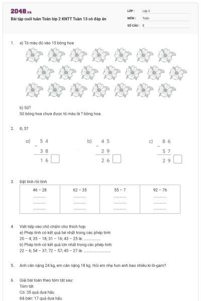 Bài tập cuối tuần Toán lớp 2 KNTT Tuần 13 có đáp án