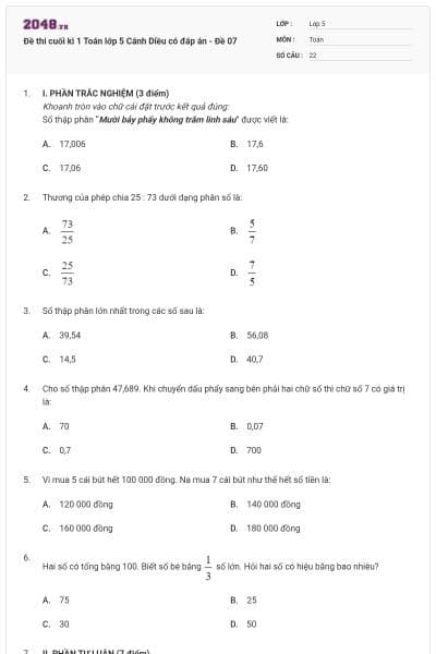 Đề thi cuối kì 1 Toán lớp 5 Cánh Diều có đáp án - Đề 07