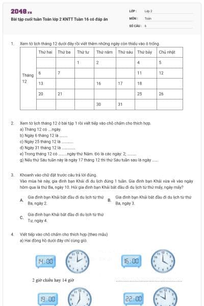 Bài tập cuối tuần Toán lớp 2 KNTT Tuần 16 có đáp án