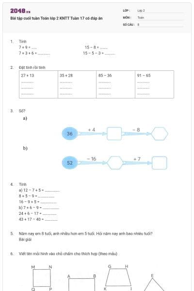 Bài tập cuối tuần Toán lớp 2 KNTT Tuần 17 có đáp án