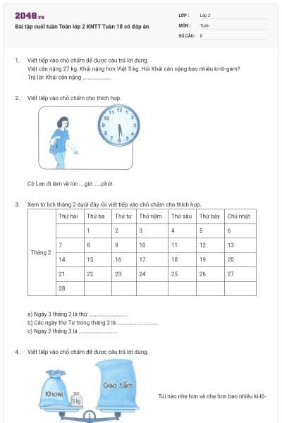 Bài tập cuối tuần Toán lớp 2 KNTT Tuần 18 có đáp án