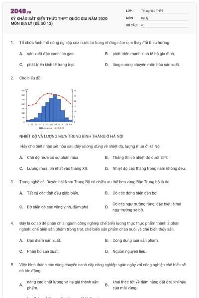 KỲ KHẢO SÁT KIẾN THỨC THPT QUỐC GIA NĂM 2020 MÔN ĐỊA LÝ (ĐỀ SỐ 12)