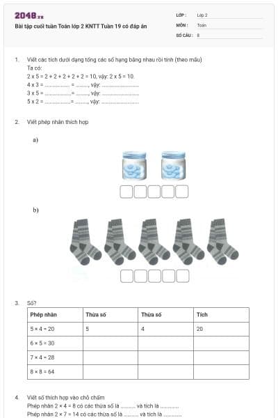 Bài tập cuối tuần Toán lớp 2 KNTT Tuần 19 có đáp án