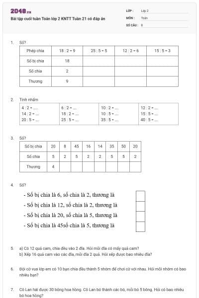 Bài tập cuối tuần Toán lớp 2 KNTT Tuần 21 có đáp án