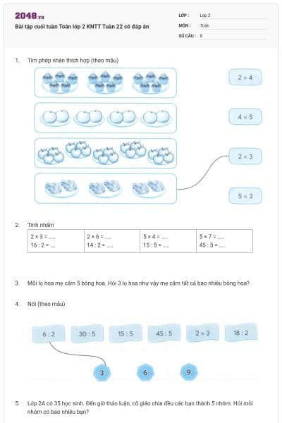 Bài tập cuối tuần Toán lớp 2 KNTT Tuần 22 có đáp án