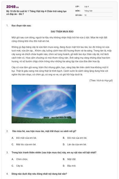 Bộ 10 đề thi cuối kì 1 Tiếng Việt lớp 4 Chân trời sáng tạo có đáp án - Đề 7