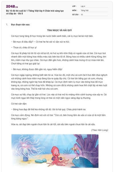 Bộ 10 đề thi cuối kì 1 Tiếng Việt lớp 4 Chân trời sáng tạo có đáp án - Đề 8