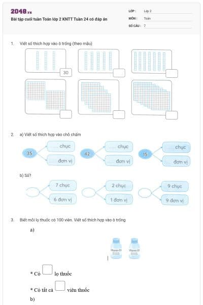 Bài tập cuối tuần Toán lớp 2 KNTT Tuần 24 có đáp án