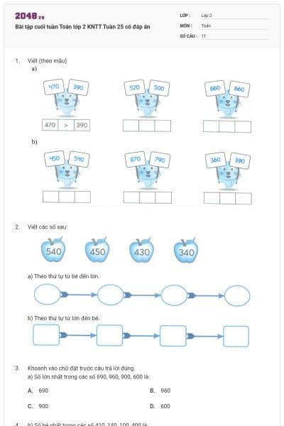 Bài tập cuối tuần Toán lớp 2 KNTT Tuần 25 có đáp án