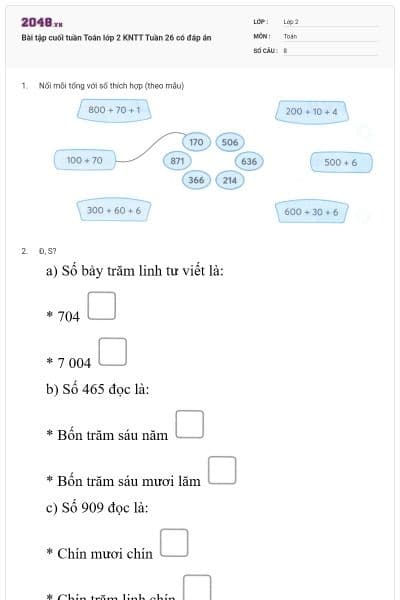 Bài tập cuối tuần Toán lớp 2 KNTT Tuần 26 có đáp án