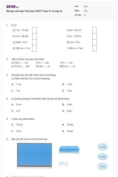 Bài tập cuối tuần Toán lớp 2 KNTT Tuần 27 có đáp án