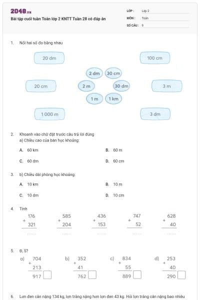 Bài tập cuối tuần Toán lớp 2 KNTT Tuần 28 có đáp án