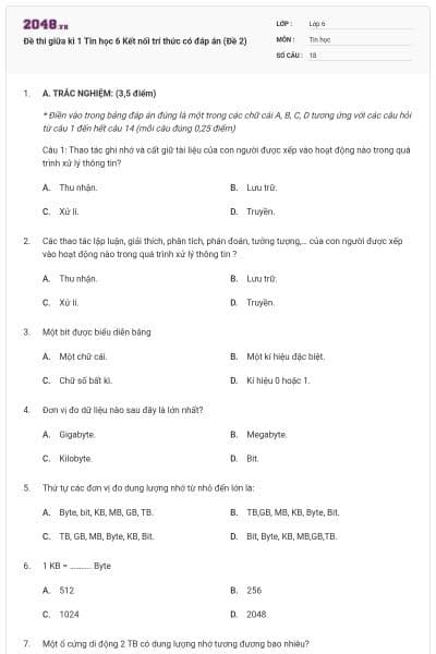 Đề thi giữa kì 1 Tin học 6 Kết nối trí thức có đáp án (Đề 2)