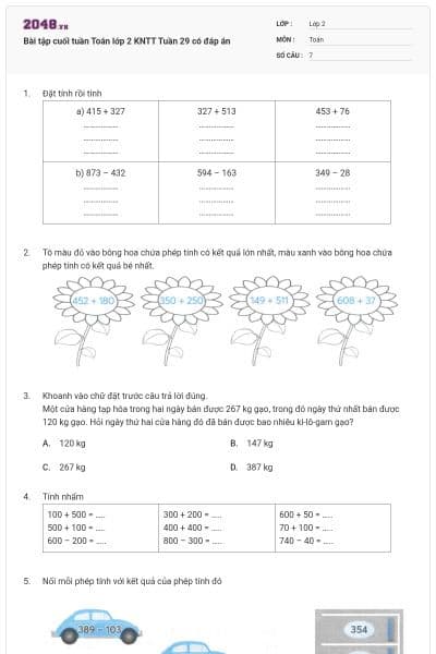 Bài tập cuối tuần Toán lớp 2 KNTT Tuần 29 có đáp án