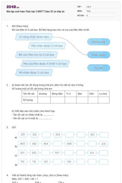 Bài tập cuối tuần Toán lớp 2 KNTT Tuần 32 có đáp án