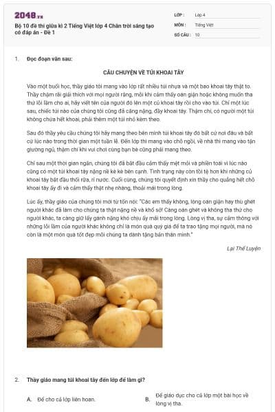 Bộ 10 đề thi giữa kì 2 Tiếng Việt lớp 4 Chân trời sáng tạo có đáp án - Đề 1