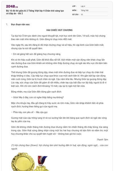 Bộ 10 đề thi giữa kì 2 Tiếng Việt lớp 4 Chân trời sáng tạo có đáp án - Đề 2