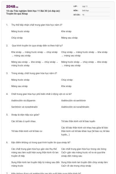 10 câu  Trắc nghiệm Sinh Học 11 Bài 30 (có đáp án): Truyền tin qua Xinap